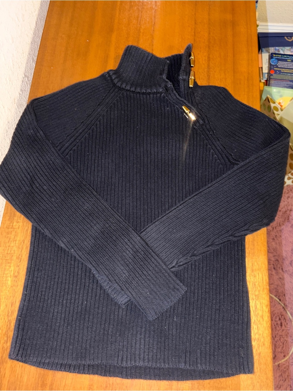 Ralph Lauren Cotton Navy Ribbed Half-Zip Sweater with Gold Hardware Petite